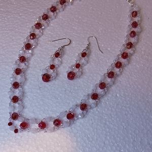New,Crystal Necklace and earrings, Red , white and clear crystals double strand